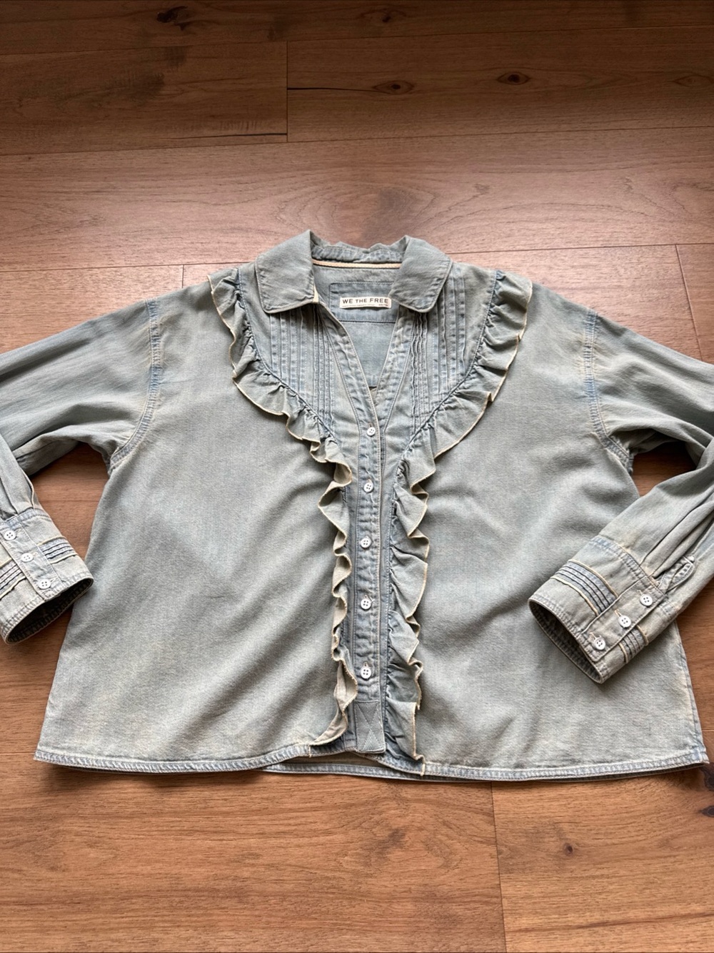 Free People Tattered And Ruffled Denim Top - Vintage Tint Wash - XS
